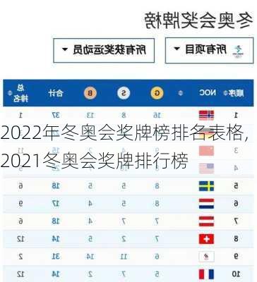 2022年冬奥会奖牌榜排名表格,2021冬奥会奖牌排行榜