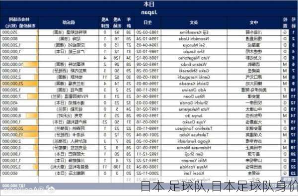 日本 足球队,日本足球队身价