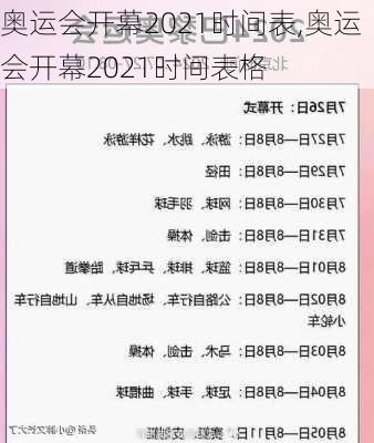 奥运会开幕2021时间表,奥运会开幕2021时间表格